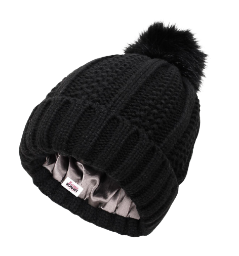 Stretchy Knit Satin Lined Beanie Bonnet with Puff