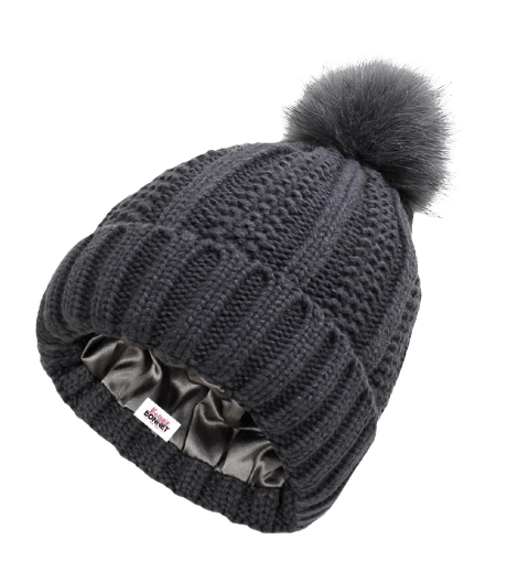 Stretchy Knit Satin Lined Beanie Bonnet with Puff